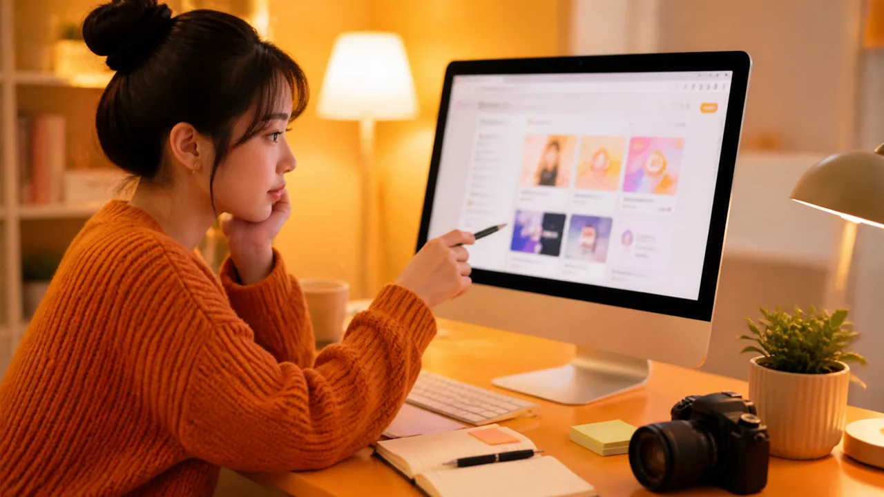 暖色灯光下浏览内容的创作者